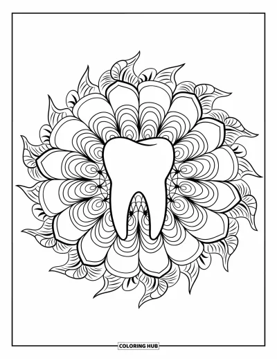 Coloriage de dents pour adultes : Une grande molaire est nichée parmi des pétales superposés et des lianes enroulées dans un mandala floral