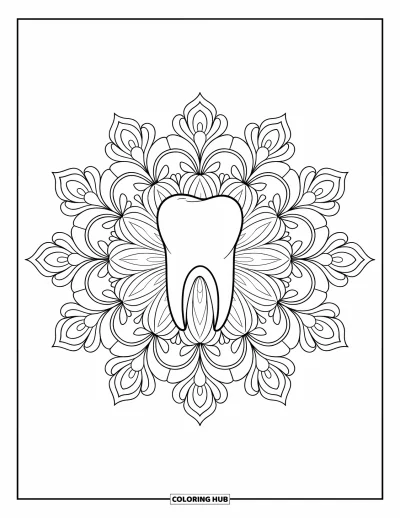 Coloriage de dents pour adultes : Une dent centrale est entourée d'anneaux de lotus et de motifs doux et symétriques