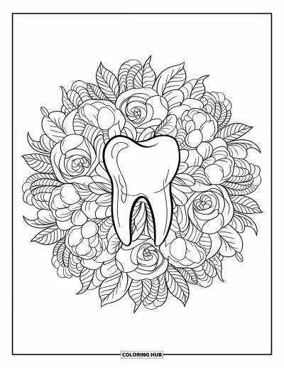 Coloriage de dents pour adultes : Une dent centrale est cerclée d'un mandala complexe de fleurs et de feuilles