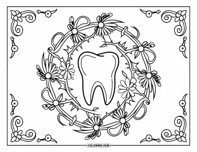 Coloriage de dents pour adultes : Une dent centrale est encadrée d'un mandala de fleurs sauvages avec des lianes épineuses et des volutes