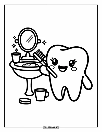 Coloriage de dents pour adultes : Une dent mignonne se brosse près d'un lavabo mousseux avec un verre et un miroir
