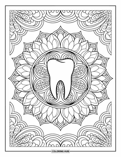 Coloriage de dents pour adultes : Un dessin de dent détaillé est encadré de fleurs de lotus et d'anneaux filigranés décoratifs