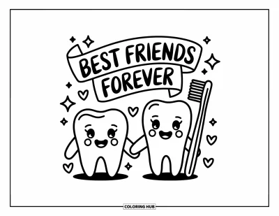 Coloriage de dents pour adultes : Une dent joyeuse et une brosse à dents se tiennent la main sous une banderole « Best Friends Forever »