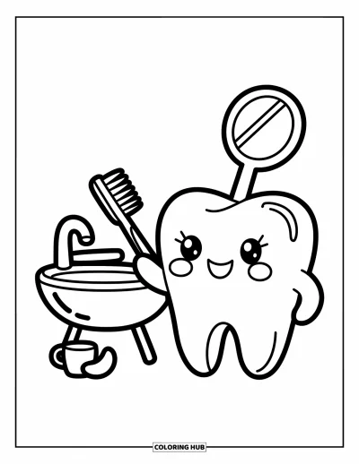 Coloriage de dents pour adultes : Une dent heureuse se brosse avec une brosse à dents à côté d'un petit lavabo mousseux