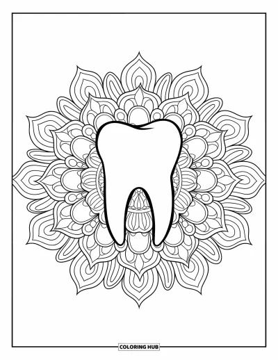 Coloriage de dents pour adultes : Une grande molaire repose au centre d'un mandala floral tourbillonnant