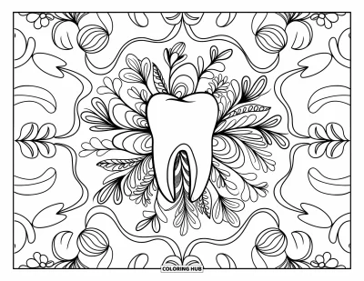 Coloriage de dents pour adultes : Une molaire est entourée de dentelle florale détaillée et de formes botaniques en boucles