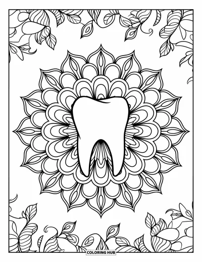 Coloriage de dents pour adultes : Une molaire est entourée de pétales rayonnants et de vrilles enroulées dans un design floral