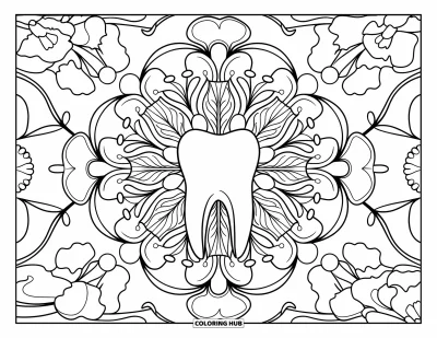 Coloriage de dents pour adultes : Une molaire s'inscrit dans un élégant mandala floral rempli de boucles et de dentelle