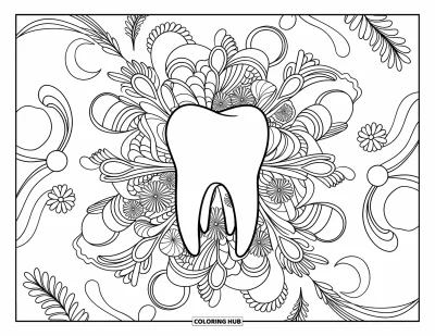 Coloriage de dents pour adultes : Une molaire repose dans un jardin de motifs floraux et de vrilles élaborés