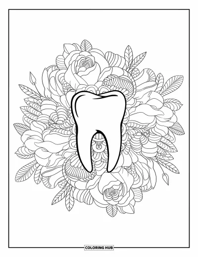 Coloriage de dents pour adultes : Une dent réaliste est entourée de roses, de pivoines et de motifs mandala feuillus
