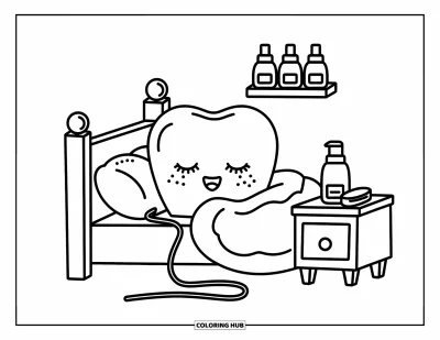 Coloriage de dents pour adultes : Une dent endormie se blottit dans son lit à côté du fil dentaire et de petits flacons de bain de bouche