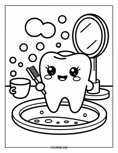 Coloriage de dents pour adultes : Une dent souriante se brosse à côté d'un lavabo mousseux et d'un miroir