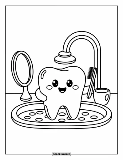 Coloriage de dents pour adultes : Une petite dent souriante tient une brosse à dents à côté d'un lavabo mousseux et d'un verre
