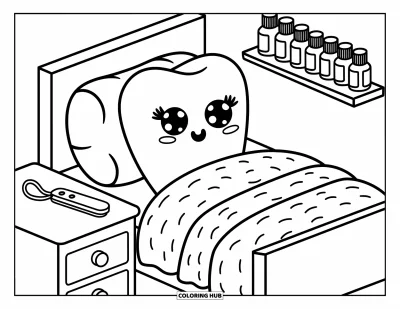 Coloriage de dents pour adultes : Une dent fatiguée se repose douillettement dans son lit avec du fil dentaire et un bain de bouche à portée