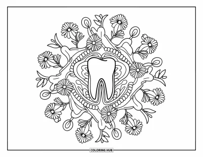 Coloriage de dents pour adultes : Une dent est centrée dans un mandala de fleurs sauvages avec des volutes et des lianes épineuses