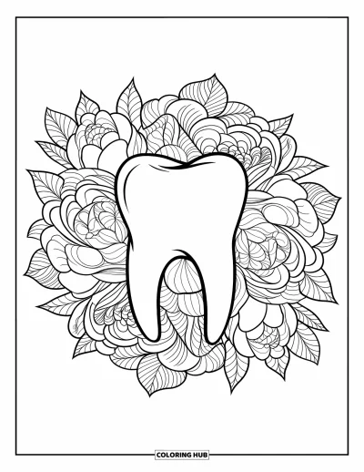 Coloriage de dents pour adultes : Une dent repose dans un cercle de roses, de pivoines et de motifs de feuilles superposées