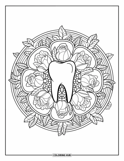 Coloriage de dents pour adultes : Une dent est inscrite dans un mandala floral à huit sections de roses et de pivoines