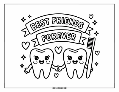 Coloriage de dents pour adultes : Deux dents amies et une brosse à dents sourient sous une banderole « Best Friends Forever »