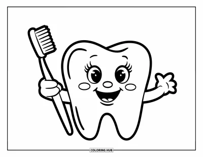 Coloriage de dents pour enfants : Une grande dent souriante tient une brosse à dents et rayonne de bonheur