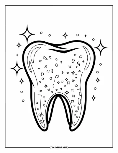 Coloriage de dents pour enfants : Une grande dent qui étincelle avec de petits fragments de plaque dentaire tout autour