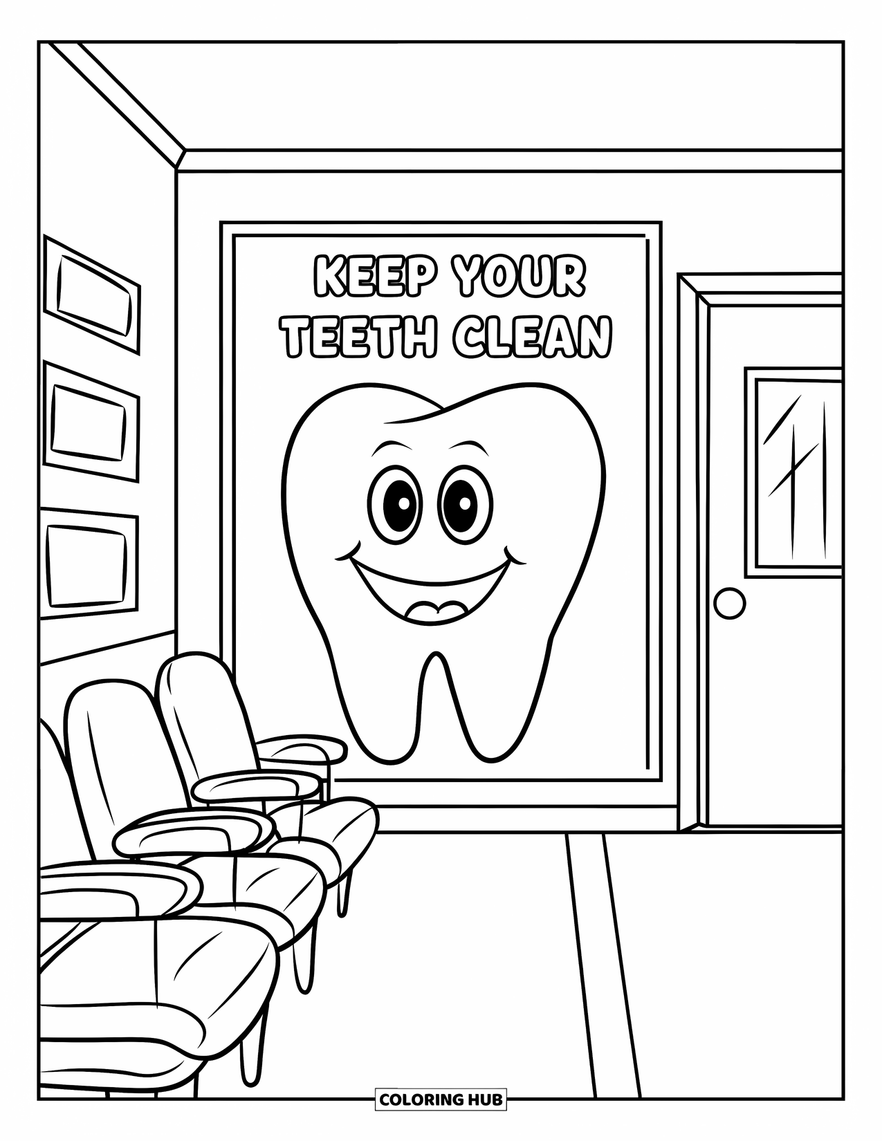 Tooth Coloring Page for Kids: A cheerful dental clinic with a cartoon tooth poster and comfy seating