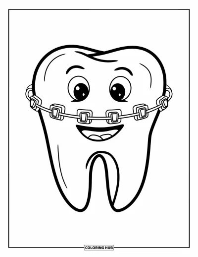 Coloriage de dents pour enfants : Une dent souriante avec un appareil dentaire sourit simplement sur fond blanc