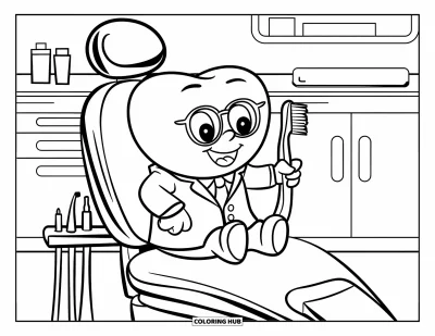 Coloriage de dents pour enfants : Une dent mignonne en blouse de dentiste attend patiemment dans le fauteuil