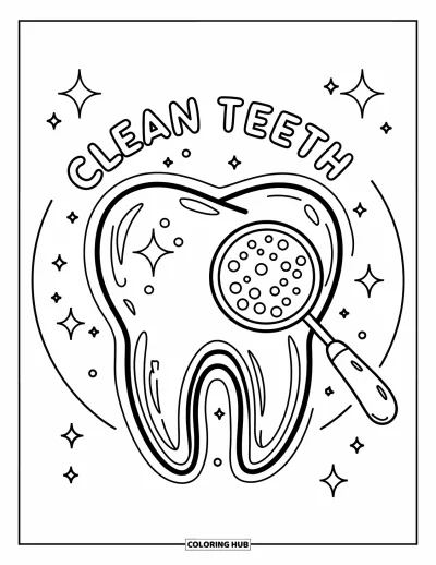 Coloriage de dents pour enfants : Une dent lumineuse étincelle avec de la plaque, encadrée d'un cercle où il est écrit « Clean Teeth »