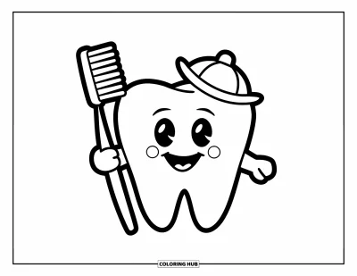 Coloriage de dents pour enfants : Une dent joyeuse tient une grande brosse à dents en portant un petit chapeau