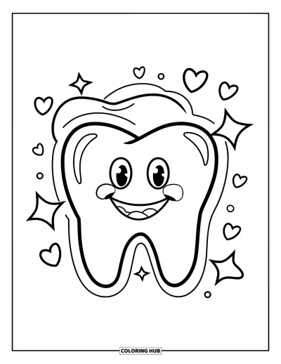 Coloriage de dents pour enfants : Une dent joyeuse brille avec des étincelles, des étoiles et des cœurs dans un dessin ludique
