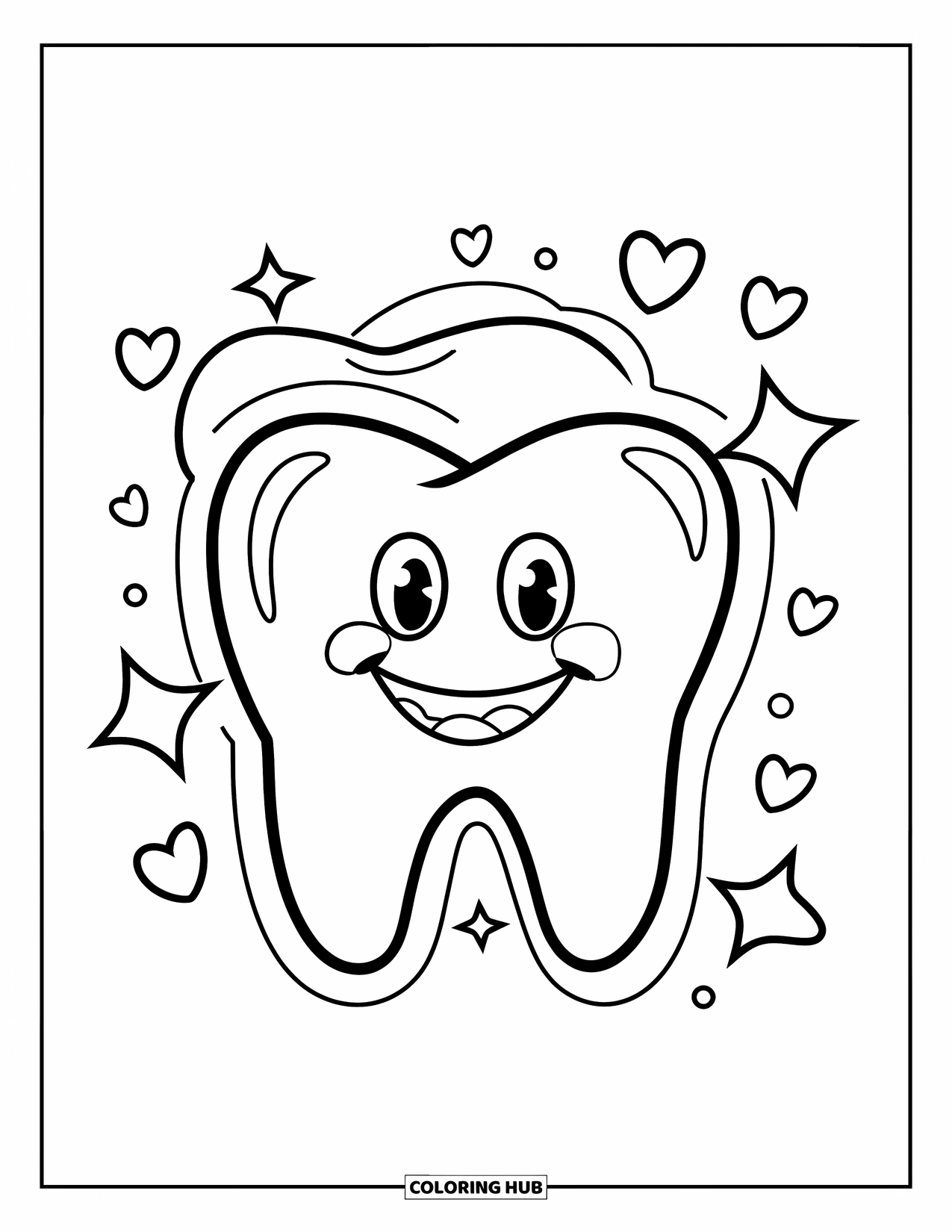 Tooth Coloring Page for Kids: A happy tooth shines with sparkles, stars, and hearts in a playful design