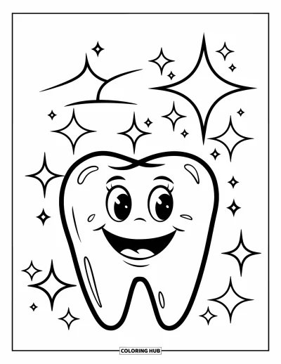 Coloriage de dents pour enfants : Une dent heureuse qui brille avec un grand sourire et des étoiles scintillantes autour d'elle