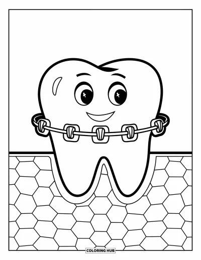 Coloriage de dents pour enfants : Une dent joyeuse avec un appareil dentaire sourit sur une page simple et facile à colorier