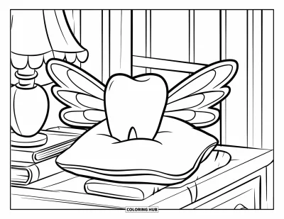 Coloriage de dents pour enfants : Une dent magique repose sur un oreiller ailé à côté d'une lampe et d'un livre