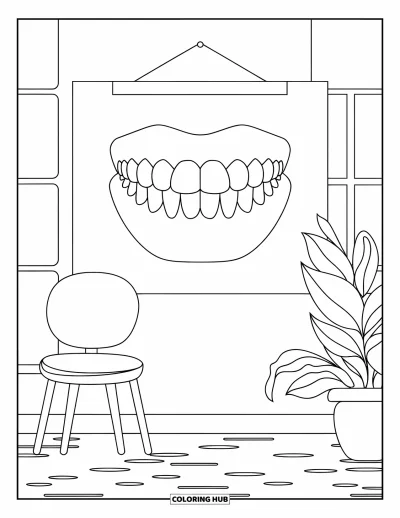 Coloriage de dents pour enfants : Une salle d'attente calme avec une affiche de dent et une plante chaleureuse à côté