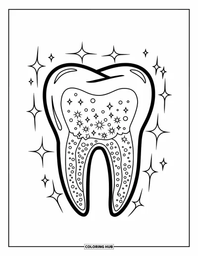 Coloriage de dents pour enfants : Une dent brillante avec des étincelles et de la plaque repose au centre de la page