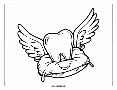 Coloriage de dents pour enfants : Un oreiller souriant avec des ailes tient une dent spéciale dans les airs