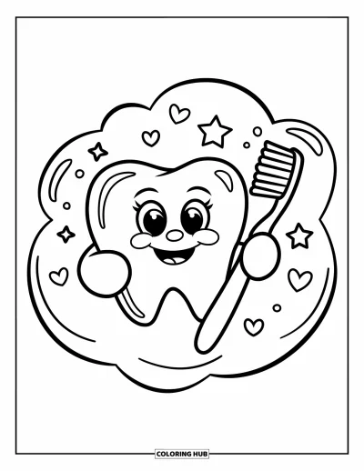 Coloriage de dents pour enfants : Une dent souriante tient une brosse à dents dans une bulle flottante avec des étoiles et des cœurs