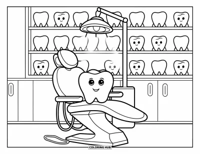 Coloriage de dents pour enfants : Une dent souriante est assise dans le fauteuil dentaire avec des étagères pleines de dents derrière elle