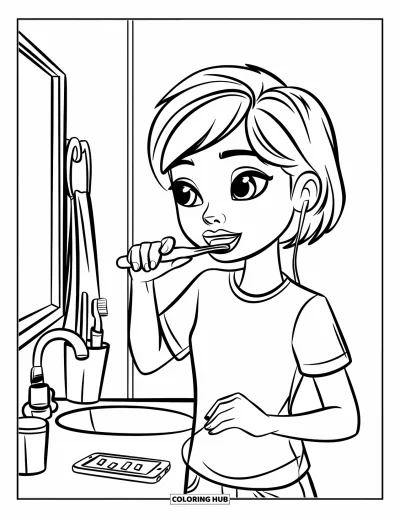 Coloriage de dents pour enfants : Un adolescent se brosse les dents en écoutant de la musique dans une salle de bain moderne