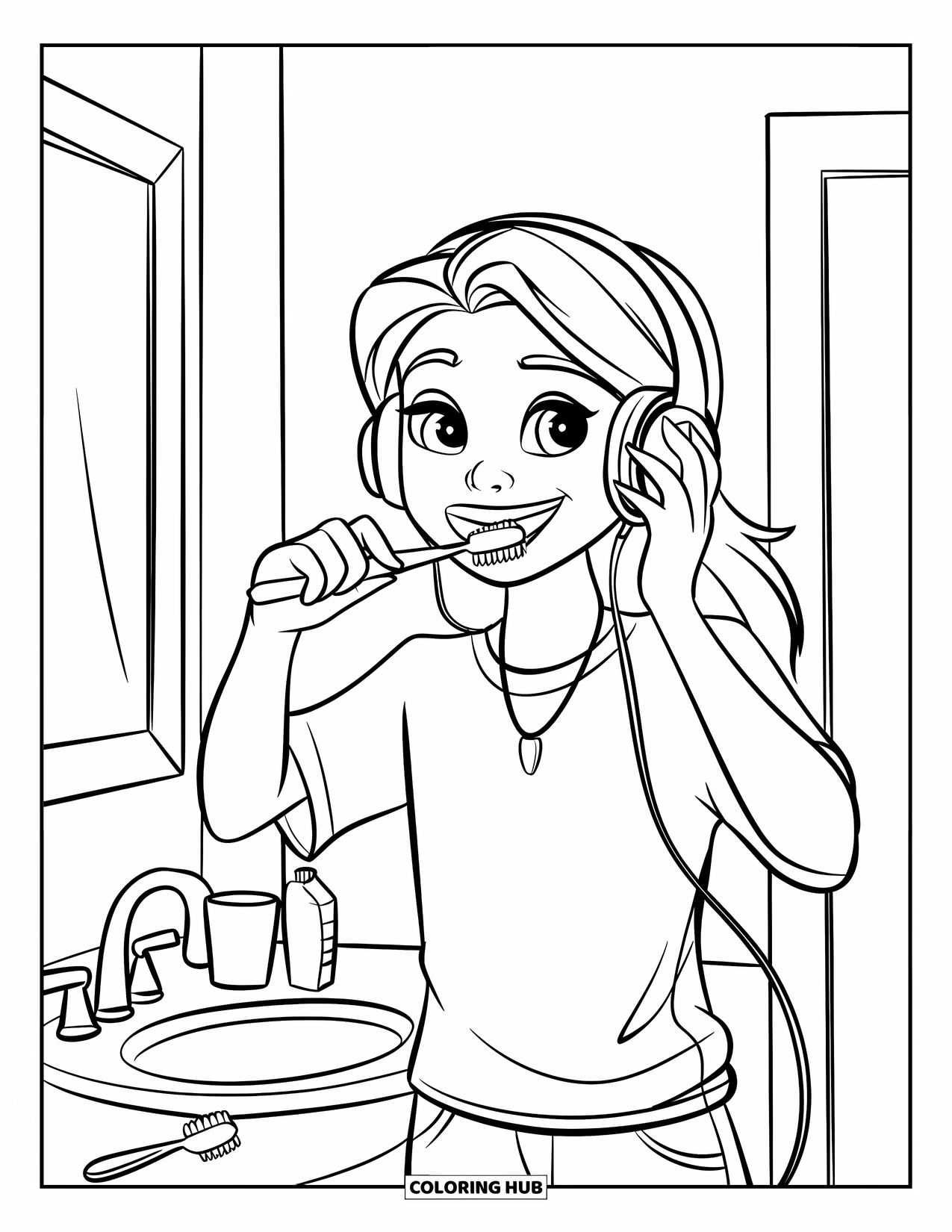 Tooth Coloring Page for Kids: A teen holds headphones while brushing their teeth in a cozy bathroom