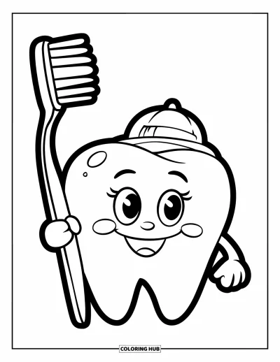 Coloriage de dents pour enfants : Une dent avec un petit chapeau sourit en tenant une grande brosse à dents rouge avec joie
