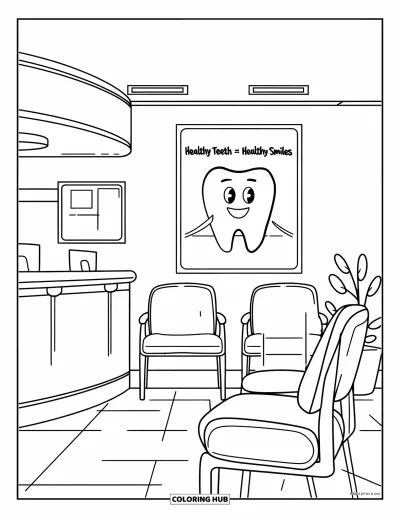 Coloriage de dents pour enfants : Un cabinet dentaire accueillant avec des fauteuils, une affiche et un bureau de réception souriant