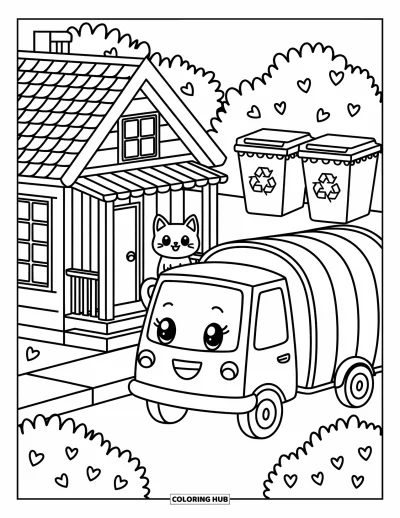 Coloriage de camion poubelle pour adultes : Un camion poubelle chaleureux et un chat curieux se trouvent parmi des buissons feuillus et des bennes souriantes