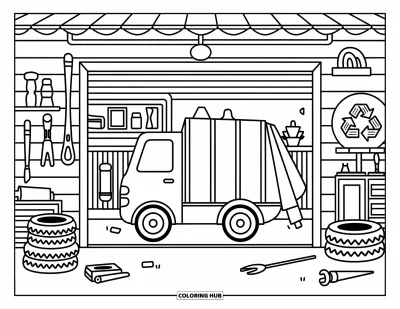 Coloriage de camion poubelle pour adultes : Un camion poubelle chaleureux se repose dans un garage soigné rempli de petits outils adorables