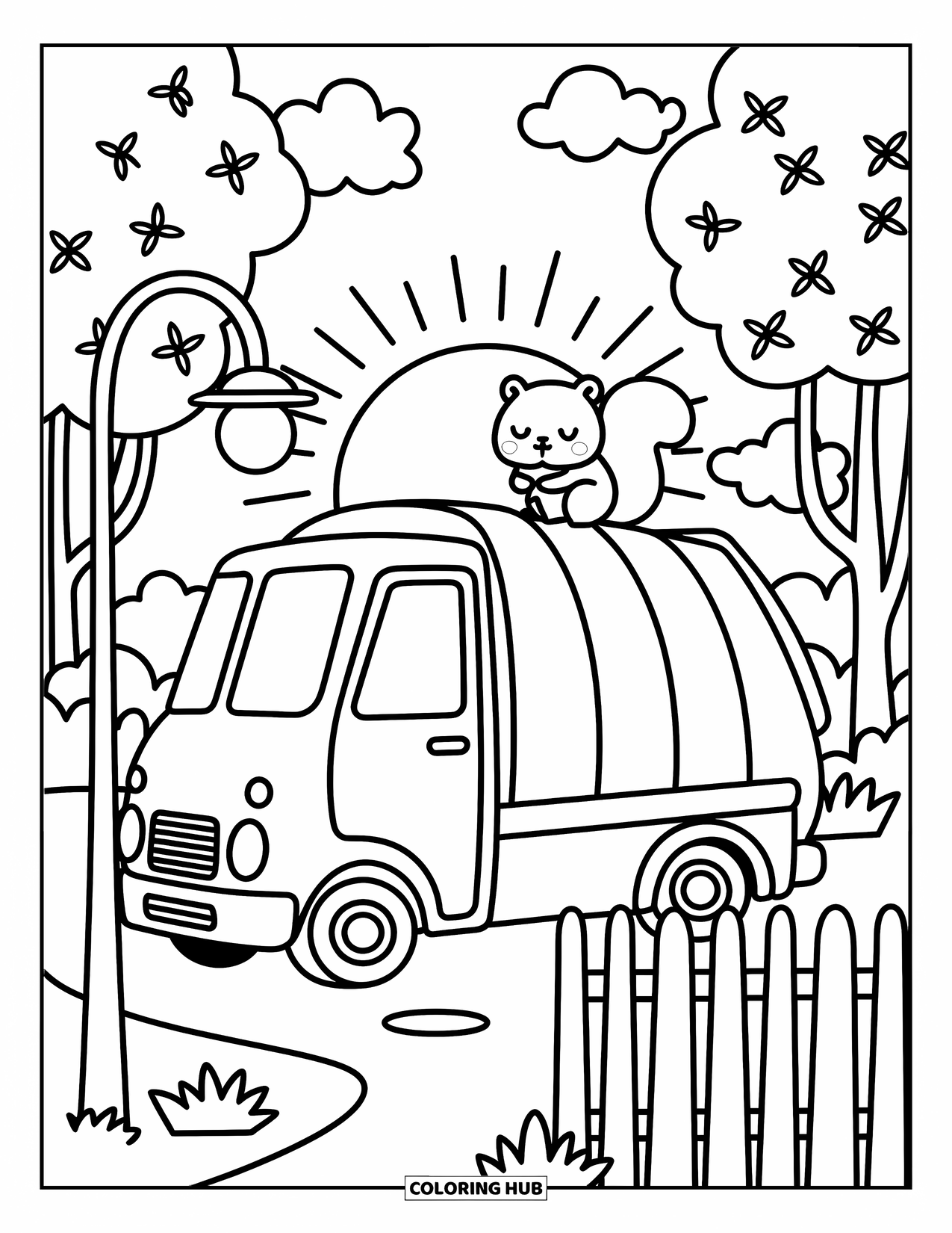Trash Truck Coloring Page for Adults: A cute trash truck sits at sunrise with a squirrel on the fence and puffy trees