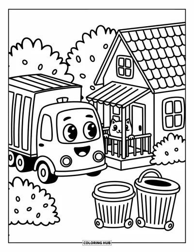 Coloriage de camion poubelle pour adultes : Un mignon camion et un chat curieux partagent l'espace près de bennes souriantes et de buissons doux