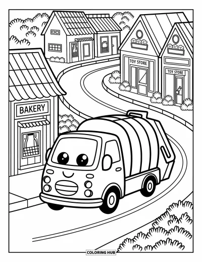 Coloriage de camion poubelle pour adultes : Un mignon camion descend une colline devant des enseignes de boulangerie et de magasin de jouets dans une scène charmante