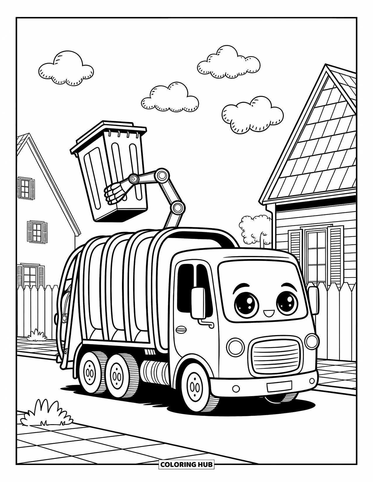 Trash Truck Coloring Page for Adults: A cute truck with robotic arms picks up a bin as clouds drift above