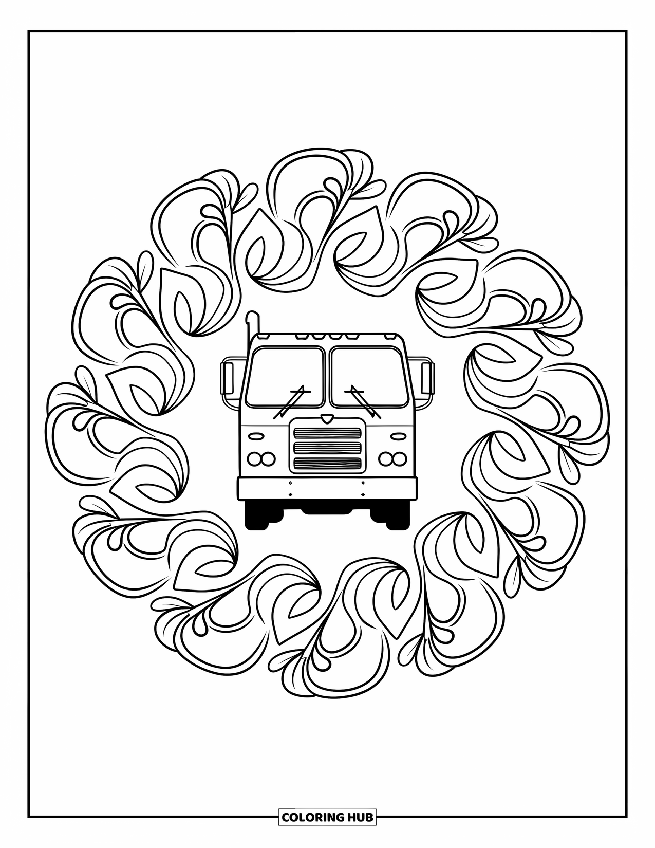 Trash Truck Coloring Page for Adults: A floral mandala blooms around a front-facing trash truck